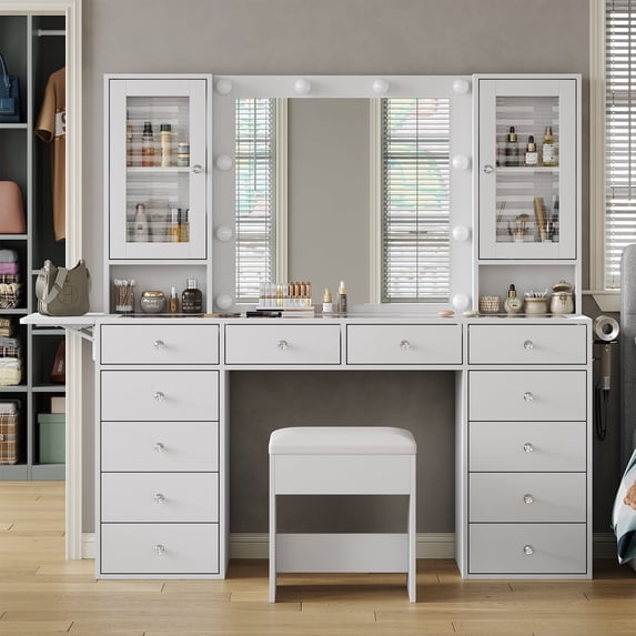Yanosaku Vanity Desk with Mirror, 10 LED Lights, 12 Drawers, Glass Top Vanity Table with Stool for Bedroom