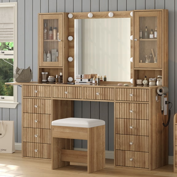 Vanity With Power Outlet, Vanity Desk With Mirror And 10 LED Lights, Makeup Vanity With 12 Drawers And 2 Cabinets, Fold-Up Panel, Glass Top Vanity Table With Chair For Bedroom