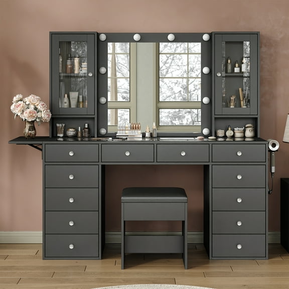 Vanity With Power Outlet, Vanity Desk With Mirror And 10 LED Lights, Makeup Vanity With 12 Drawers And 2 Cabinets, Fold-Up Panel, Glass Top Vanity Table With Chair For Bedroom
