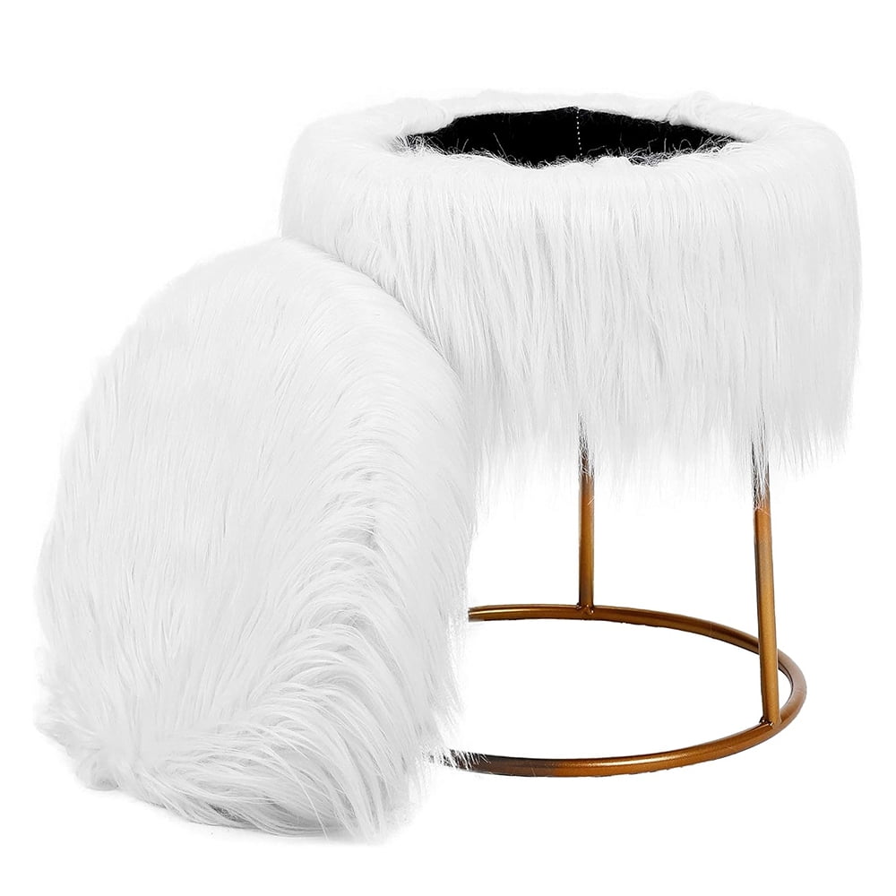 Vanity Seat, Round Faux Fur Foot Stool Ottoman, Fluffy Makeup Seat with Soft Compact Padded and Pale Gold Metal Legs for Bedroom, Living Room, Office, Kids Room, White