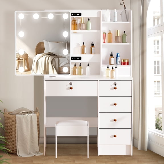Vanity Set 10 Lighted Mirror Makeup Dressing Table & Dresser Cabinet For Bedroom
