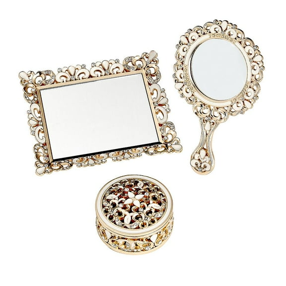 Vanity Set - 3 Piece Set - Covered Box, Hand Mirror, Mirror Tray - Champagne Gold by Fashioncraft