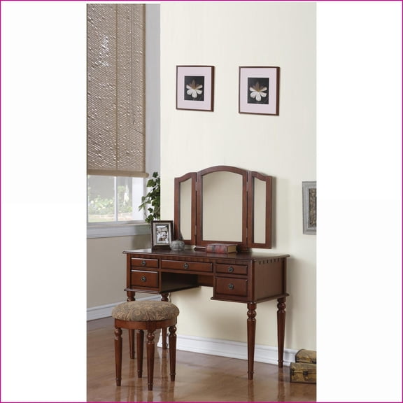Vanity Set, Contemporary with Foldable Mirror, Drawer & Stool | Cherry | Solid Wood