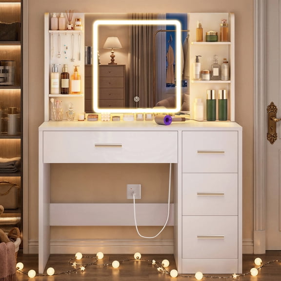 Vanity Set with LED Lighted Mirror & Charging Station, 3 Light Modes Makeup Vanity Table with 4 Drawers, Open Shelves & 5 Hooks, Vanity Desk for Bedroom,White