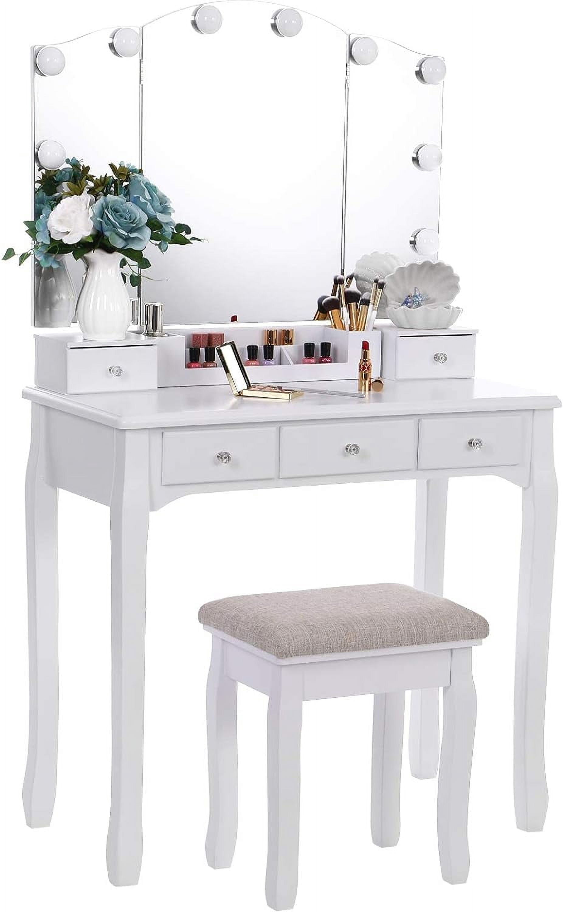 Movable Vanity Vanity Set with Lighted Mirror, Makeup Vanity with Tri-Folding Mirror ...