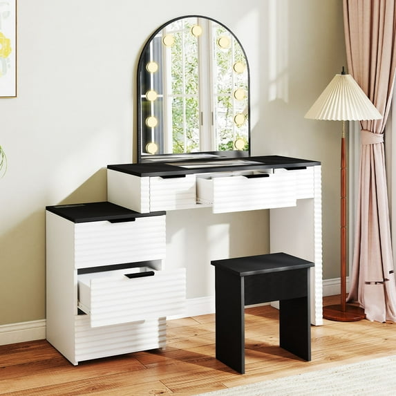 Vanity Set With Lights Vanity Table With Mirror Vanity Desk With Drawers Modern Vanity Desk Chair Set With Mirror Light Fashionable Makeup Table With Glass Top Multi Drawers For