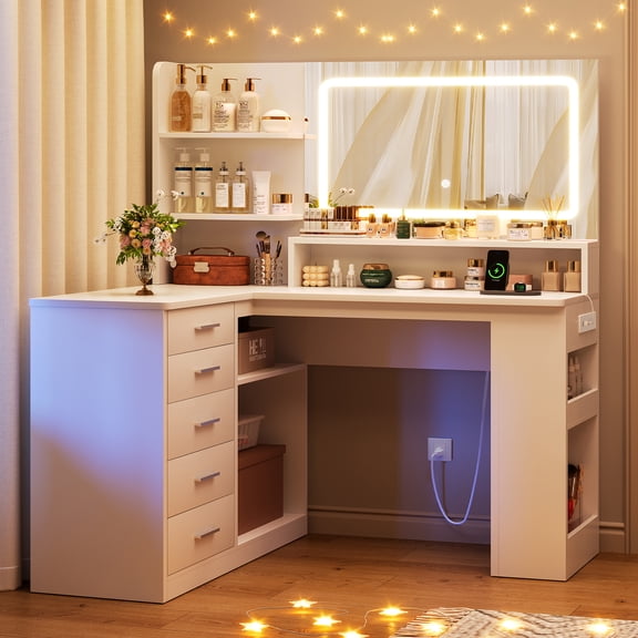 Vanity Set with Mirror & Charging Station, Makeup Vanity Desk with 5 Drawers & Side storage, Corner Vanity, L Shape Vanity for Girls, for Bedroom,White