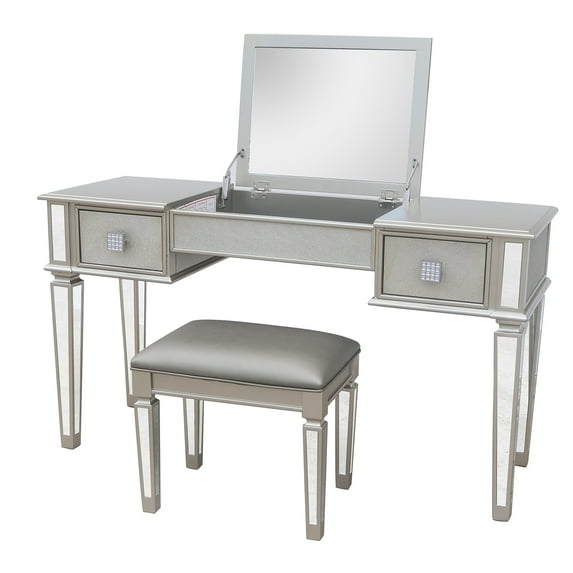 Vanity Set with Mirror,Flip-Top Makeup Table with Soft Cushion,Home Bedroom Middle Storage Organizers for Jewelry Cosmetics Vanities Dressing Tables Silver