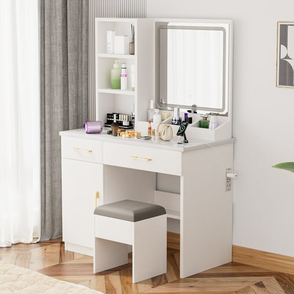 White Vanity Table with Chairs and Lighted Mirror, LEGAHOME Makeup Vanity Set with Charging Ports, Vanity Desk for Girls with 2 Drawers and 1 Compartment, White
