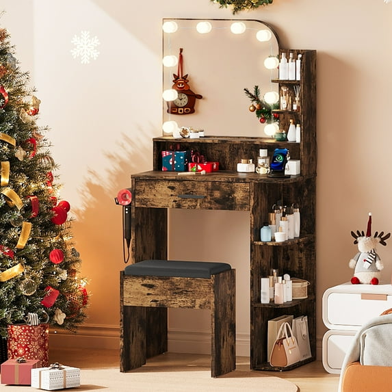 Vanity Set with Mirror and Lights, Akaber 26.4" Small Makeup Vanity for Small Spaces with Stool, USB Charging Station & 3 Color Lighting Modes, Black Vanity Desk Set