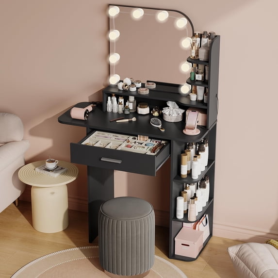 Vanity Desk with Mirror and Lights, Akaber 34.25” Small Makeup Vanity with Power Outlet, Black Vanity