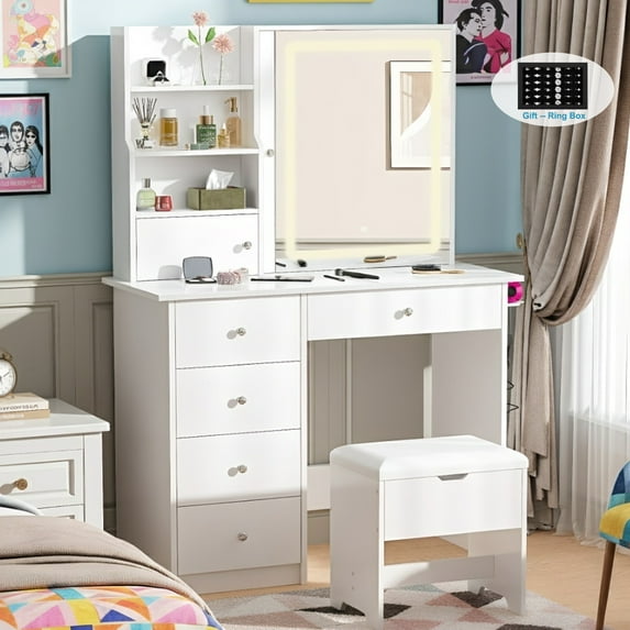 Vanity Desk Set with Mirror and Lights, LEGAHOME White Makeup Vanity Set with Charging Station, Lighted Dressing Table for Girls Ladies, 3 Color Modes & Hidden Storage Space, White