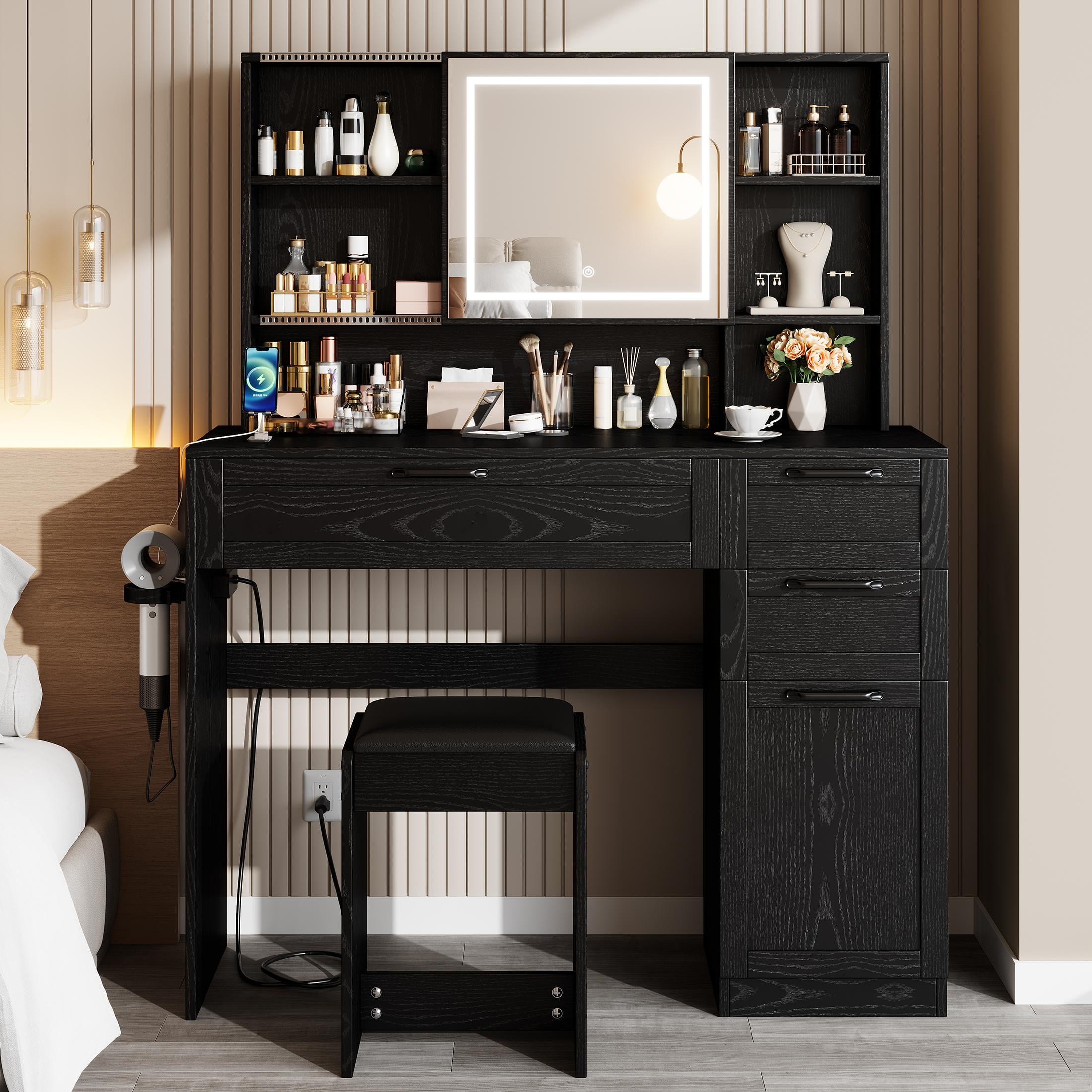 Makeup Vanity Desk with Mirror & Lights, Black Vanity Set with Charging ...