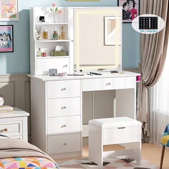 Vanity Desk Set with Mirror and Lights, LEGAHOME White Makeup Vanity Set with Charging Station, Lighted Dressing Table for Girls Ladies, 3 Color Modes & Hidden Storage Space, White