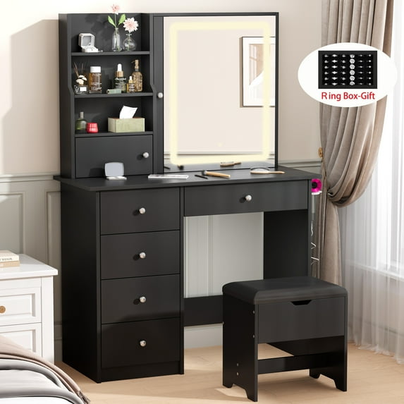 Vanity Desk Set with Mirror and Lights, LEGAHOME Black Makeup Vanity Set with Charging Station, Lighted Dressing Table for Girls Ladies, 3 Color Modes & Hidden Storage Space, Black