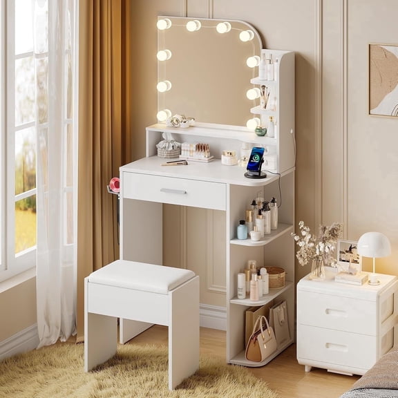 Vanity Set with Mirror and Lights, Small Makeup Vanity Desk with Stool, Charging Station, 26.4" Compact White Vanity for Small Spaces, 3 Color Lighting Modes