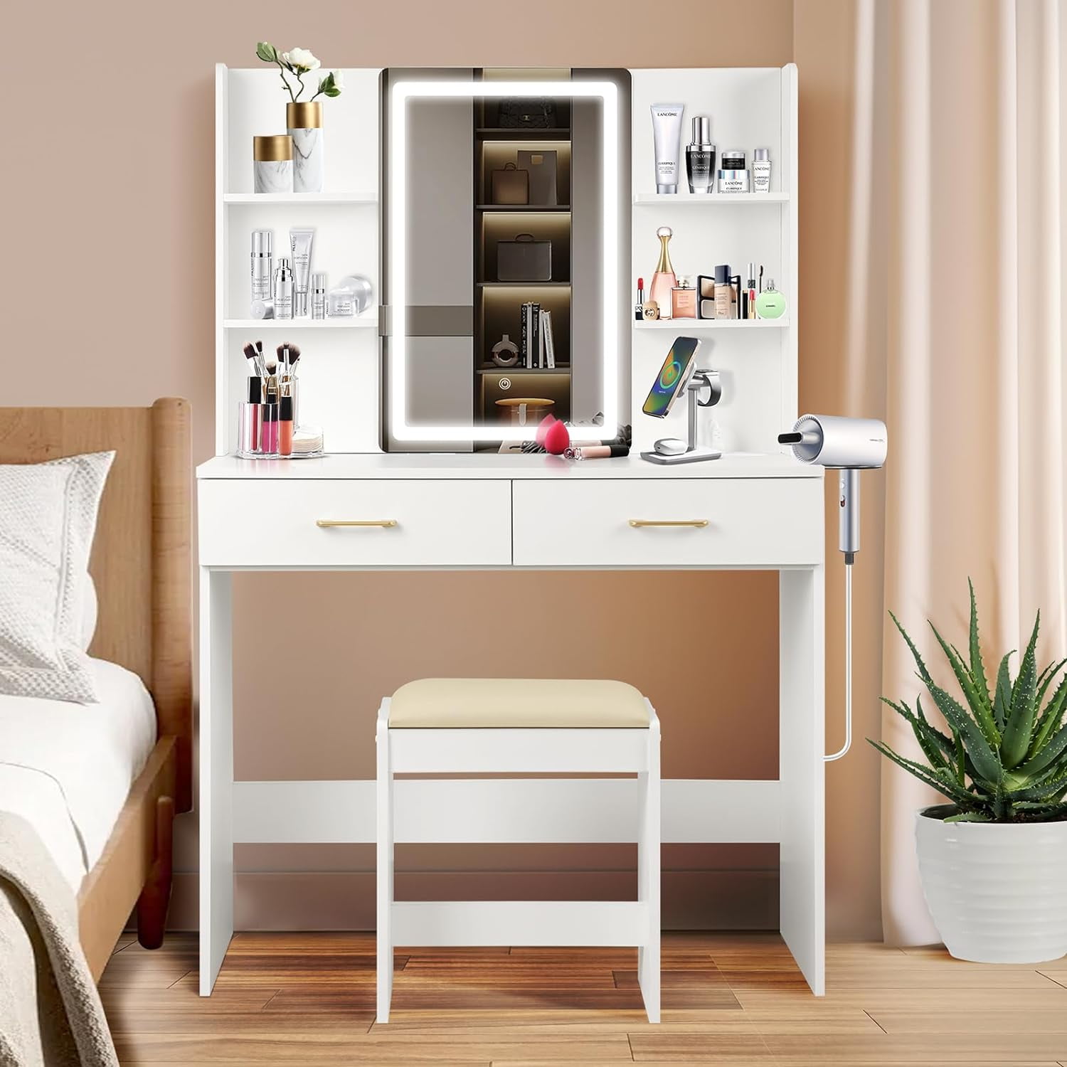 Vanity Set with Mirror and Stool and Lights, Vanity Desk with Mirror ...