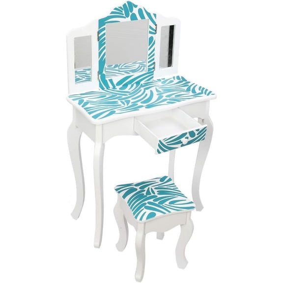 Vanity Set,ShyneeMakeup Dressing Vanity Set Wooden Princess Makeup Table with Cushioned Stool,Drawer,Wooden Legs and Mirror, Make Up Dressing Play Set for Girls (Blue)