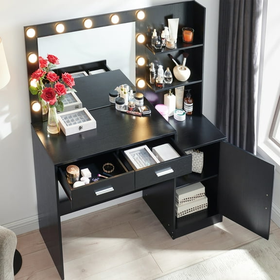 UHOMEPRO Makeup Vanity with Mirror and Lights, Dressing Table with 2 Drawers and Large Vertical Organizer, Modern Wood Cosmetic Table 3 Lighting Modes Adjustable Brightness, Black