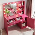 thumbnail image 1 of UHOMEPRO Makeup Vanity with Mirror and Lights, Dressing Table with 2 Drawers and Large Vertical Organizer, Modern Wood Cosmetic Table 3 Lighting Modes Adjustable Brightness, Rose Pink, 1 of 6