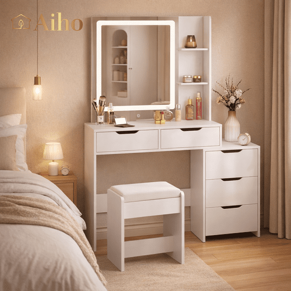 Vanity Set with Square Mirror and 3 Colors Adjustabe Lights, Aiho Makeup Vanity Desk with Chair & 5 Drawers & 3 Shelves, Best Gifts for Bedroom, Closet Room,White