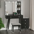 thumbnail image 1 of Vanity Set with Stool, Black Vanity Desk with Mirror, 5 Drawers and 2-Layer Shelves, LED Three-Tone Lighting, Particle Board With Triamine Coating, Solid Wood Legs With Copper Sheath Decoration, 1 of 6