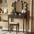 Vanity Set with Lighted Mirror, Stool, 5 Drawers, 10 LED Bulbs, Brown