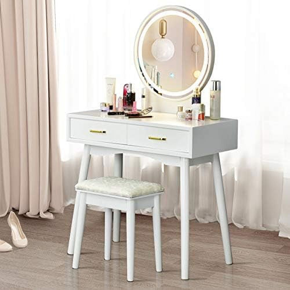 Vanity Set with Touch Screen Dimming Lighted Mirror 3 Color Lighting Modes Dressing Table with 2
