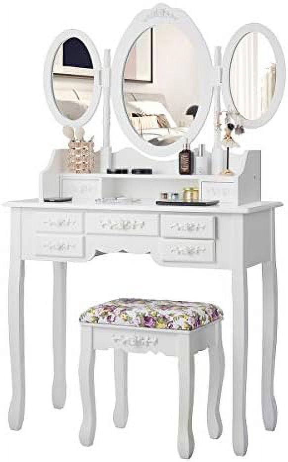 Vanity Set with TriFolding Mirror and Cushioned Stool Dressing Table