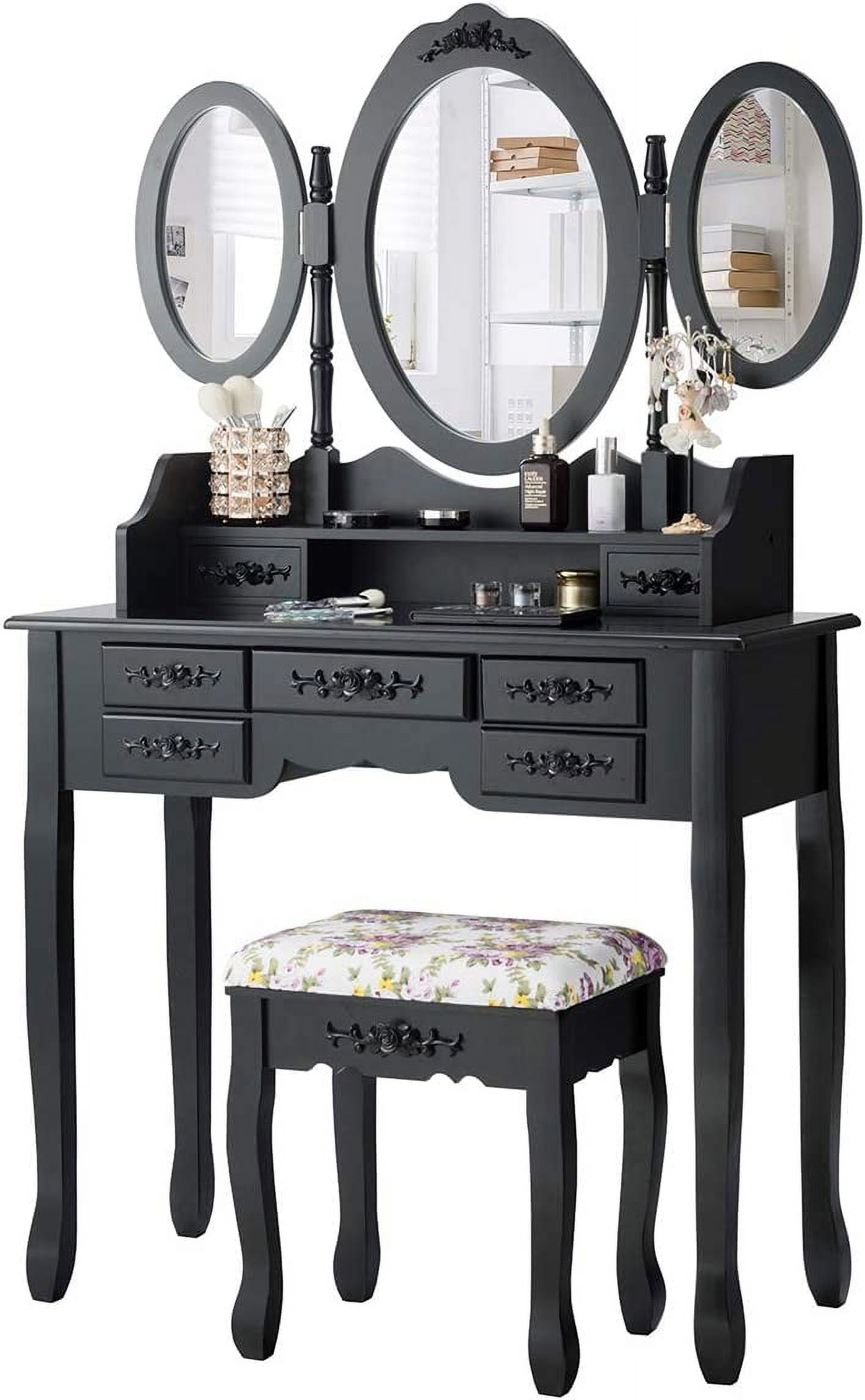 Vanity Set With TriFolding Mirror And Cushioned Stool, Dressing Table