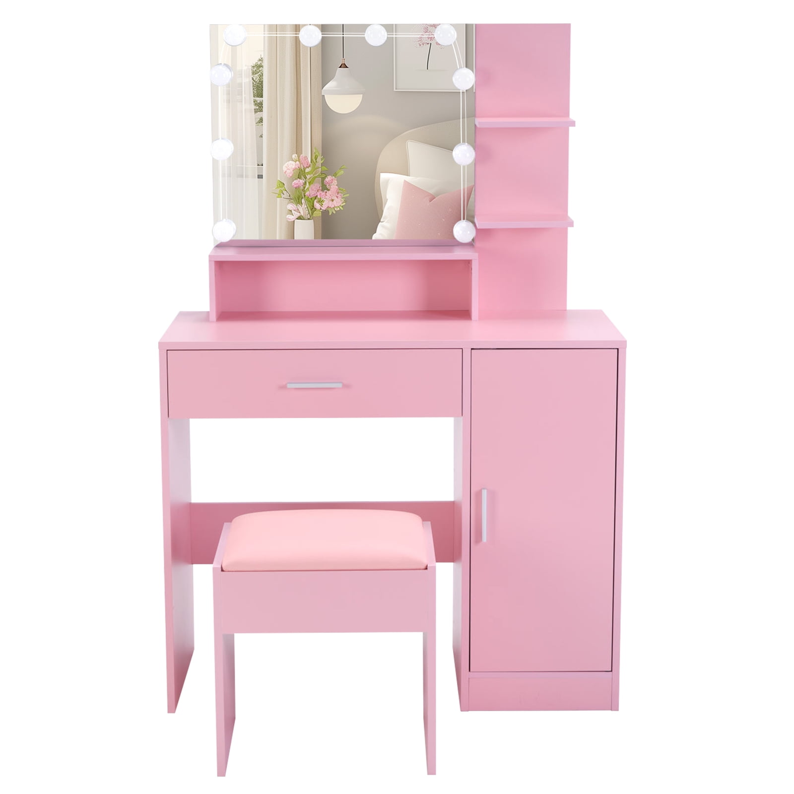 Vanity Set with 1 Drawer, 1 Door and 3 Shelf Layers, Three-Tone Dimmable Globe Bulb Lamp, Pink Textured Particle Board with Melamine Coating