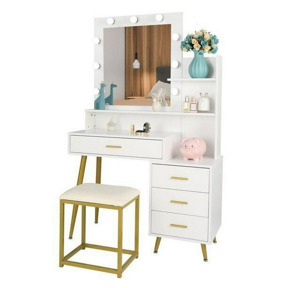 Vanity Set with 3 Color Lighted Mirror Makeup Table 4 Drawers Dresser Desk