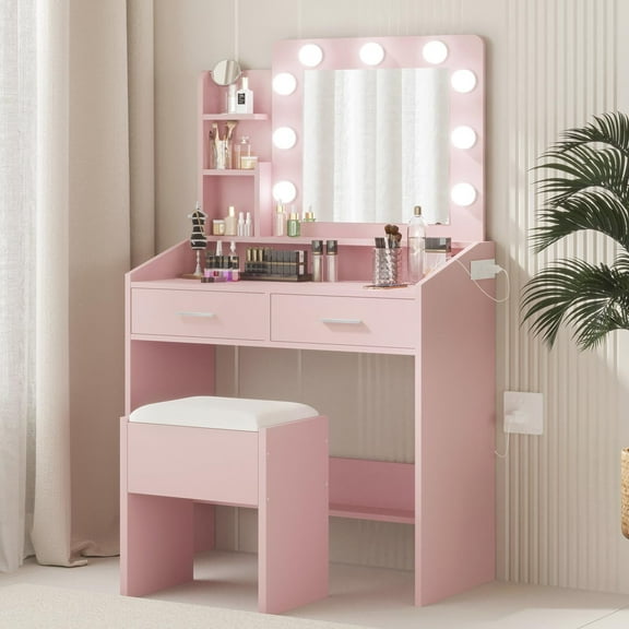 Vanity Set with 3 Color Lighted Mirror, Vanity Table Makeup Desk with Charging Station 2 Drawers, Dressing Table Makeup Desk with Stool