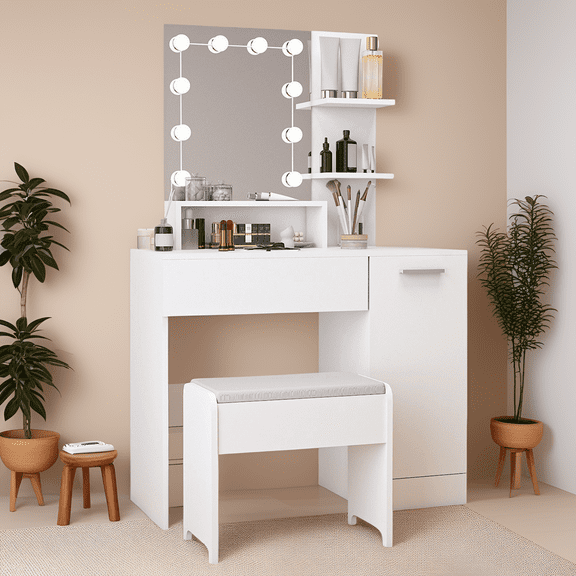 Vanity Set with Lighted Mirror, 3 - Color Lighting Modes, Ample Storage, Makeup Vanity Desk with Stool for Bedroom, White