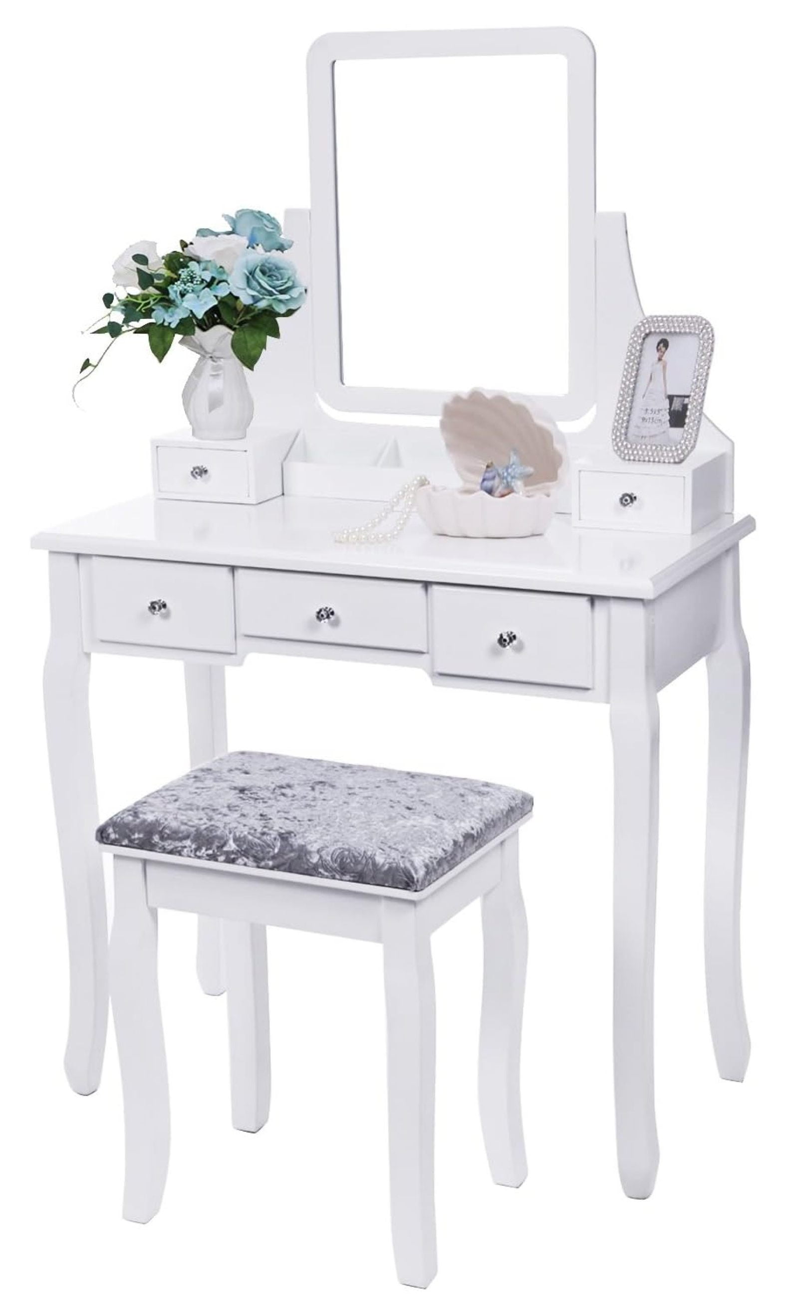 White Engineered Wood Vanity Set with Mirror and Cushioned Stool