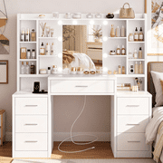 Vanity Set with Mirror & Lights, Makeup Vanity Desk with 7 Drawers and 8 storage shelves, Vanity Table with Power Outlet, For Bedroom, White