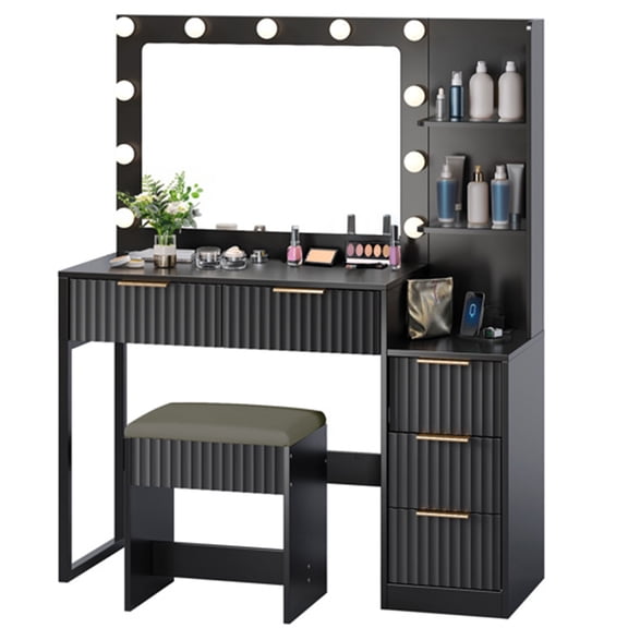 Vanity Set with Mirror & Lights, Women 5-drawer Dressing Table with Charging Outlet & USB, Black