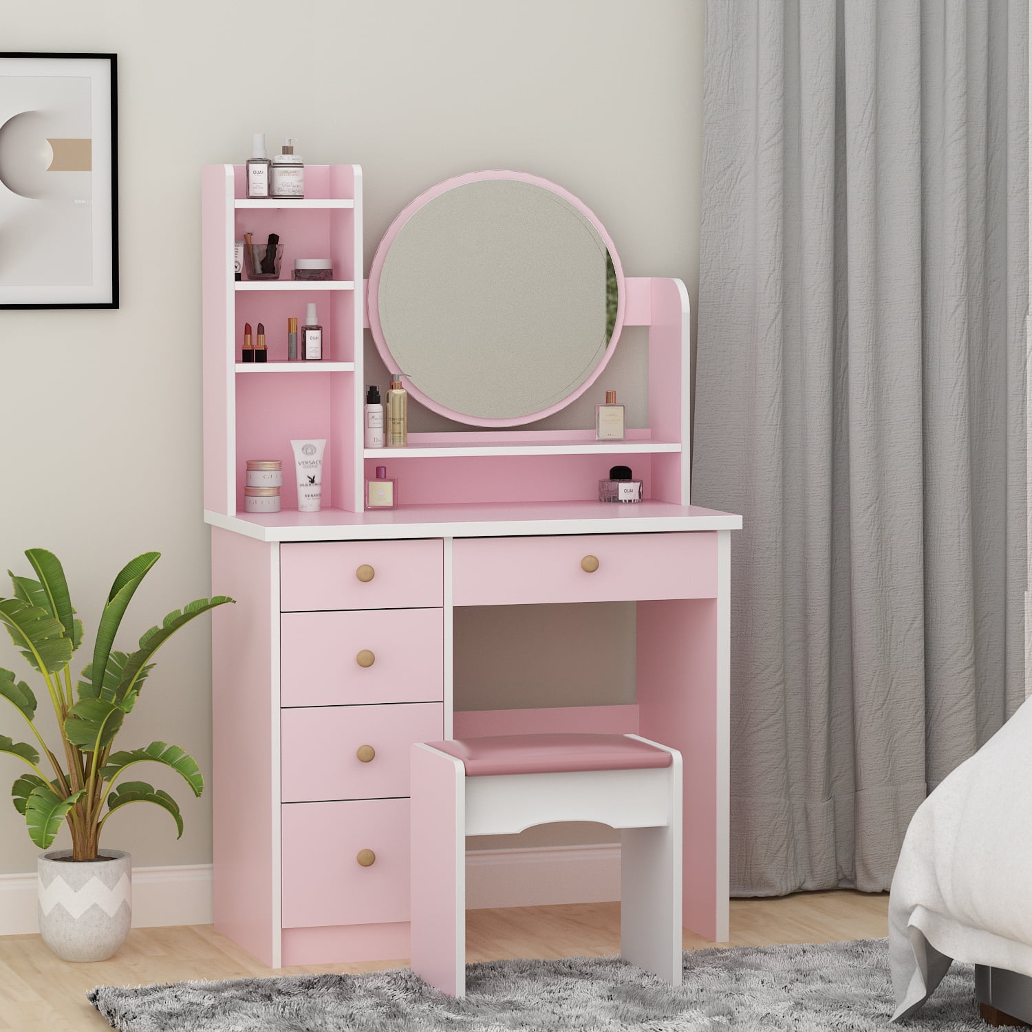 Modern Pink Bedroom Vanity Set with Mirror, 5 Drawer Dresser, Makeup