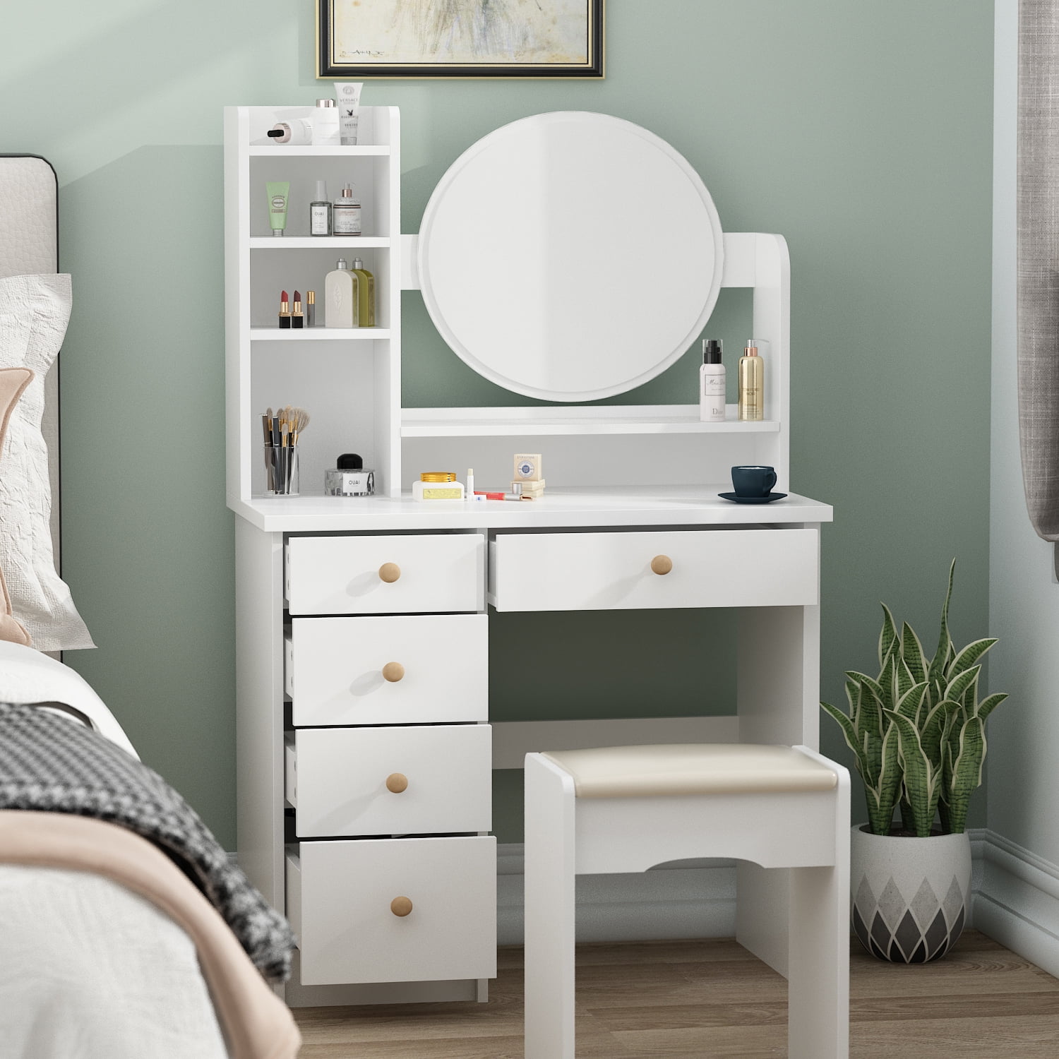 Makeup Vanity Set Table with Lights & Charging Station&5-Drawer , Modern Dressing  Desk with Time Temperature Display Mirror & Storage Cabinets for Bedroom,  White - Walmart.com