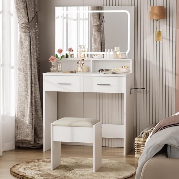 Vanity Set with Mirror, Stool and Lights, Small Makeup Vanity Table with Charging Station and 2 Storage Drawers, Bedroom Dressing Table