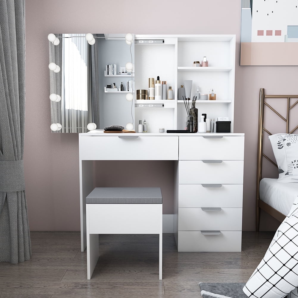 Resenkos Vanity Set with Mirror and 10LED Lights Makeup Vanity Desk Chair with 6 Drawers White