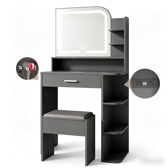 Vanity Set with Mirror and Lights, Akaber Small Makeup Vanity Desk with Stool, Charging Station, Compact Black Vanity with LED Strip
