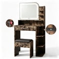 thumbnail image 1 of Vanity Set with Mirror and Lights, Akaber Small Makeup Vanity Desk with Stool, Charging Station, Compact Brown Vanity with LED Strip, 1 of 10