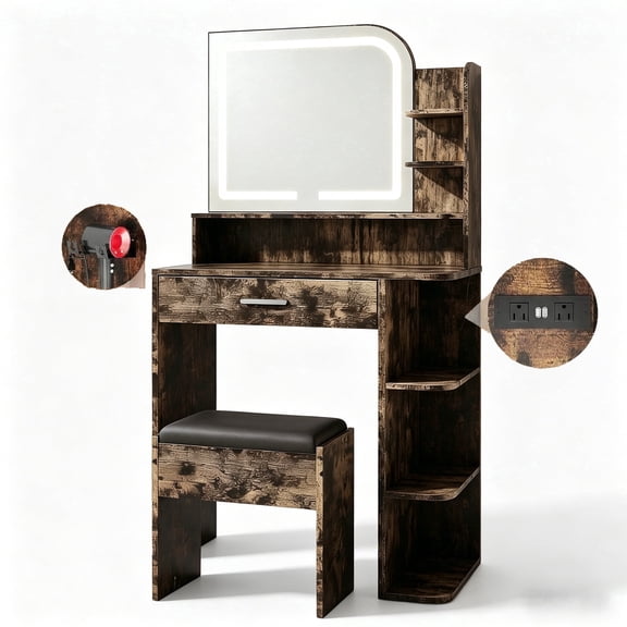 Vanity Set with Mirror and Lights, Akaber Small Makeup Vanity Desk with Stool, Charging Station, Compact Brown Vanity with LED Strip