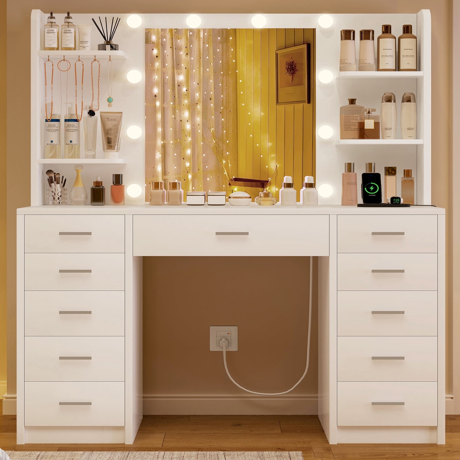 TEENFON Vanity Set with Mirror and Lights, Makeup Vanity with Power Outlet, 11 Drawers, 4 Shelves and 5 Jewel Hooks, Vanity Table For Bedroom, White