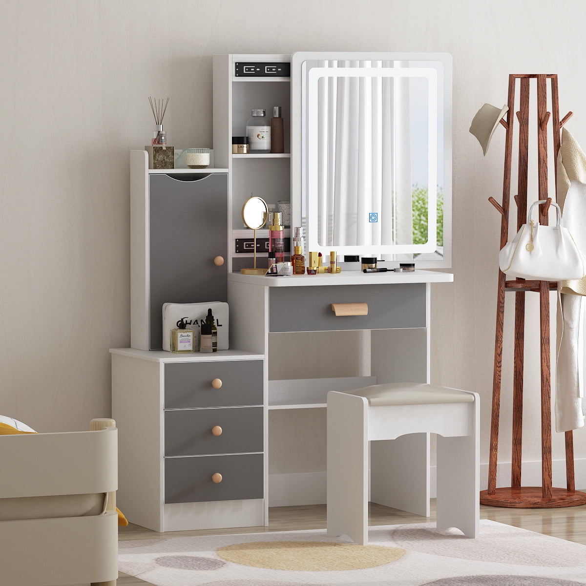 Vanity Set with Mirror and Lights Modern Storage Makeup Dressing Table with  5 Drawers Gray