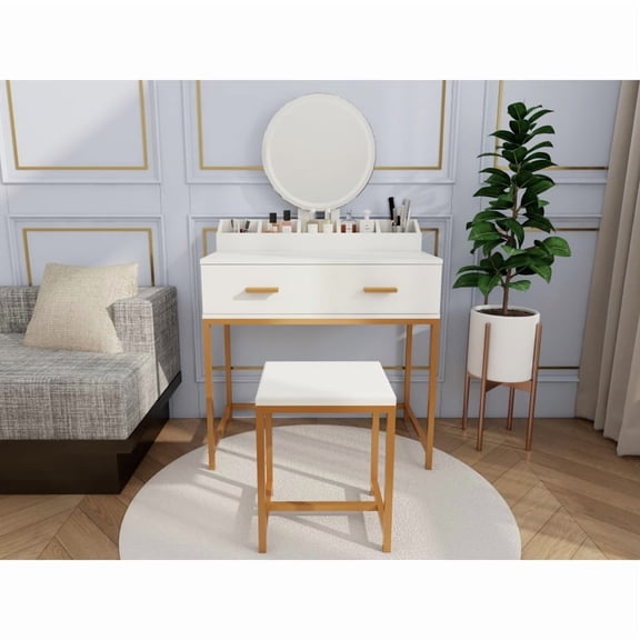 Vanity Set with Mirror and Stool - Makeup Vanity Table with Storage Drawers and Organizer, White and Gold, Space-Saving Design for Small Bedrooms