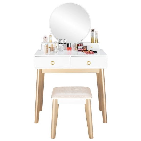 Vanity Set with Round Lighted Mirror, Makeup Dressing Table Cushioned Stool Set,Bedroom Vanities Set White