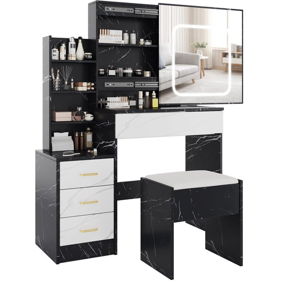 Vanity Set with Sliding Lighted Mirror & Power Station, Modern Makeup Desk, LED 3-Color Lighting, Compact Dressing Vanity for Bedroom