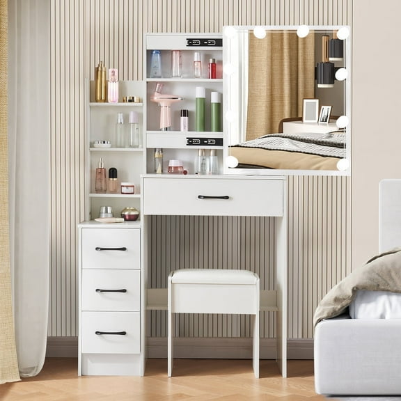 Caulitar Vanity Set with Sliding LED Mirror, Makeup Desk with Stool, Small Makeup Dressing Table Set for Women